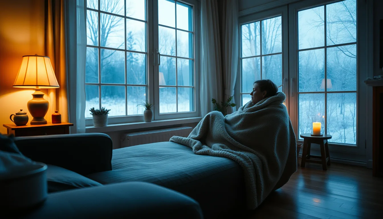 A person wrapped in a blanket near a window with visible frost, warm lamp light in a cozy living room